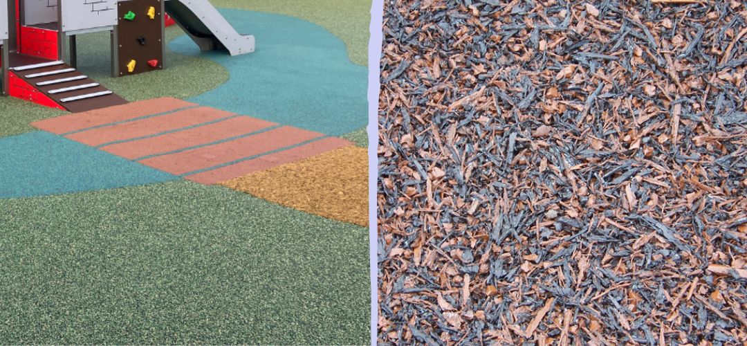 Comparison of wetpour playground surfacing alongside rubber mulch MulchBond safety surfacing